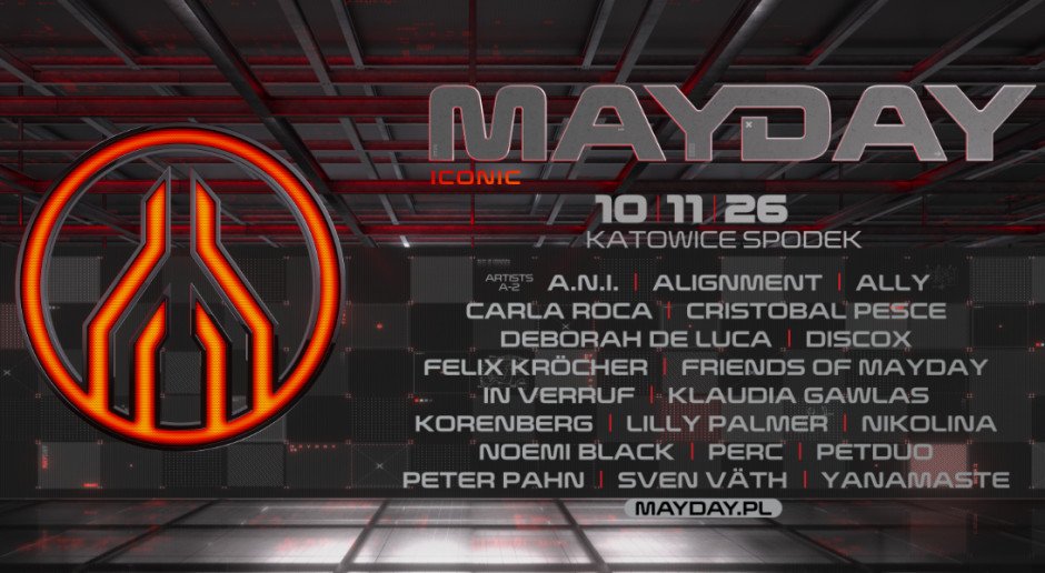 Plakat MAYDAY Poland 2026 Iconic, 10 listopada, Katowice Spodek, z listą artystów